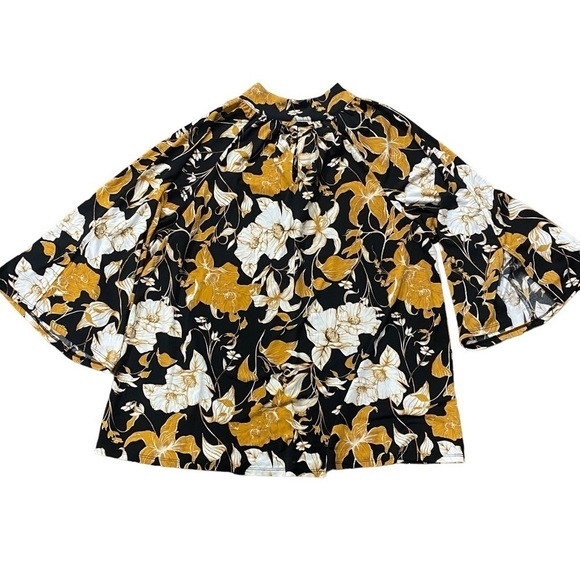 Cato Black Yellow Floral High Neck Bell Sleeve Top Size 14/16W - Picture 1 of 7
